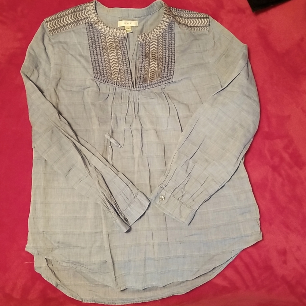 J CREW BOHO TOP EMBROIDERED LOOK,  TASSEL TOES, BLUES AND TAN SIZE 6 (4J19)